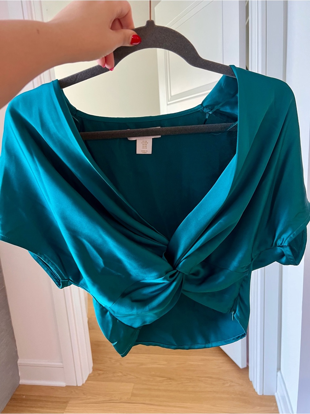 House of Harlow Teal Twist-Front Satin Blouse